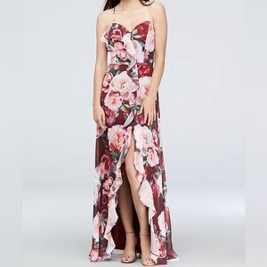 Cachet Floral Chiffon Wrap Slit Dress Cascading Ruffle Sweetheart Neckline Sz 6.